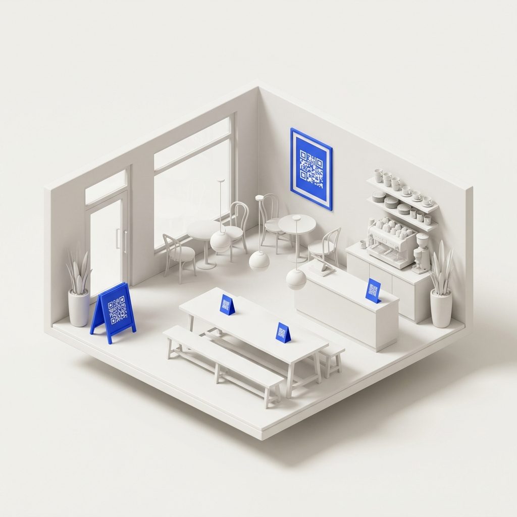 Materiali Loyalo posizionati in un bar: A-frame, poster, table-tent e cartello con QR